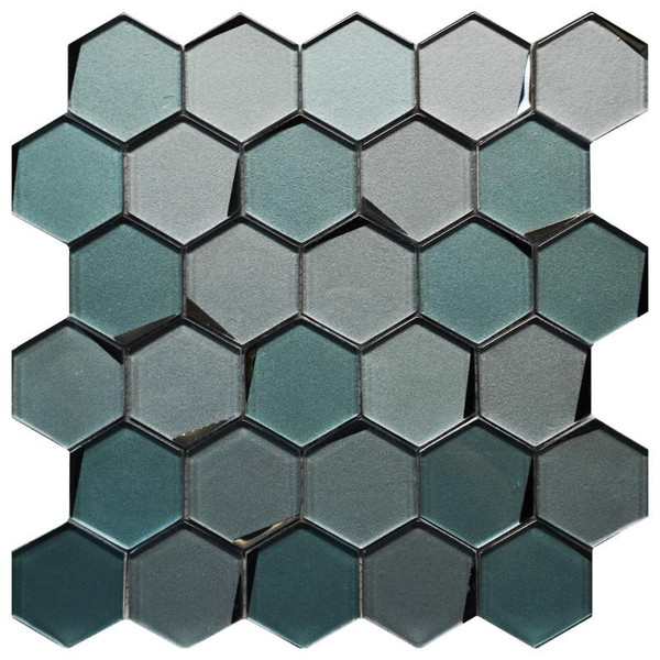 Beveled 3" Teal Blend Hexagon Glass Mosaic - EACH