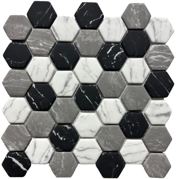 White Black Grey 2" Hex Glass Mosaic 12x12 - EACH